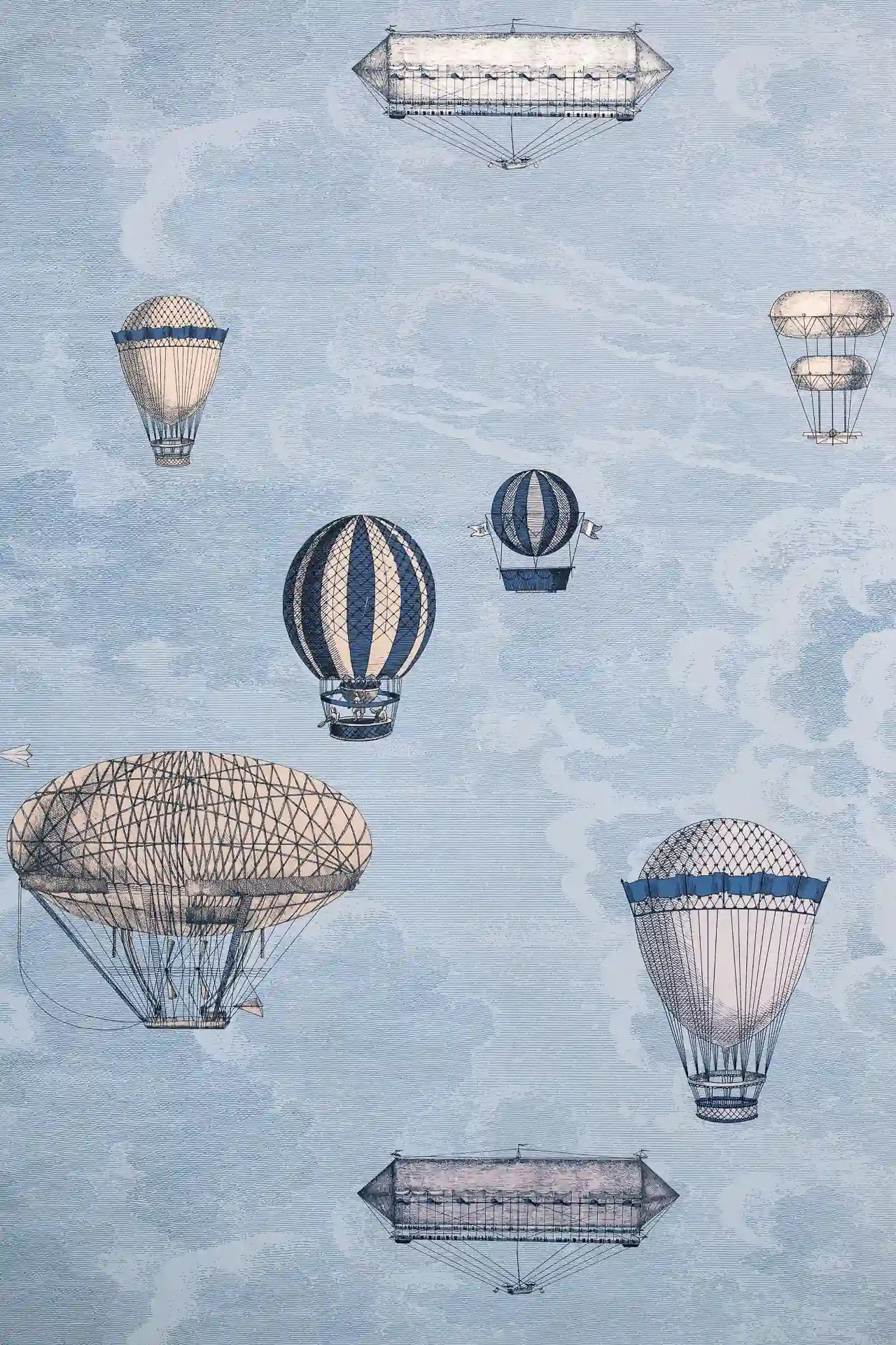 Papier peint aux dirigeables et montgolfières anciens sur fond bleu-gris