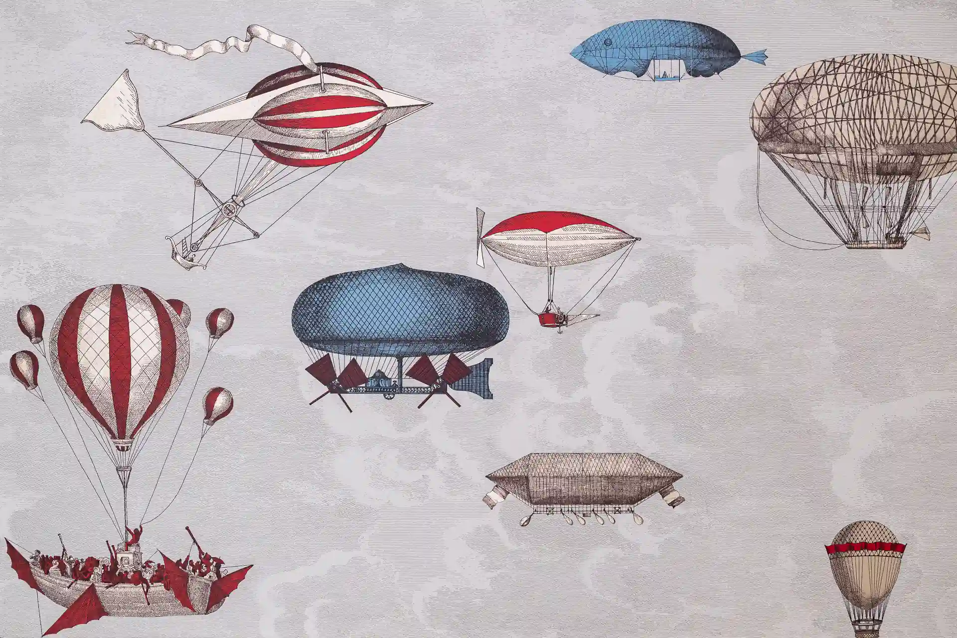 Papier peint illustré de montgolfières et de dirigeables anciens sur fond gris clair