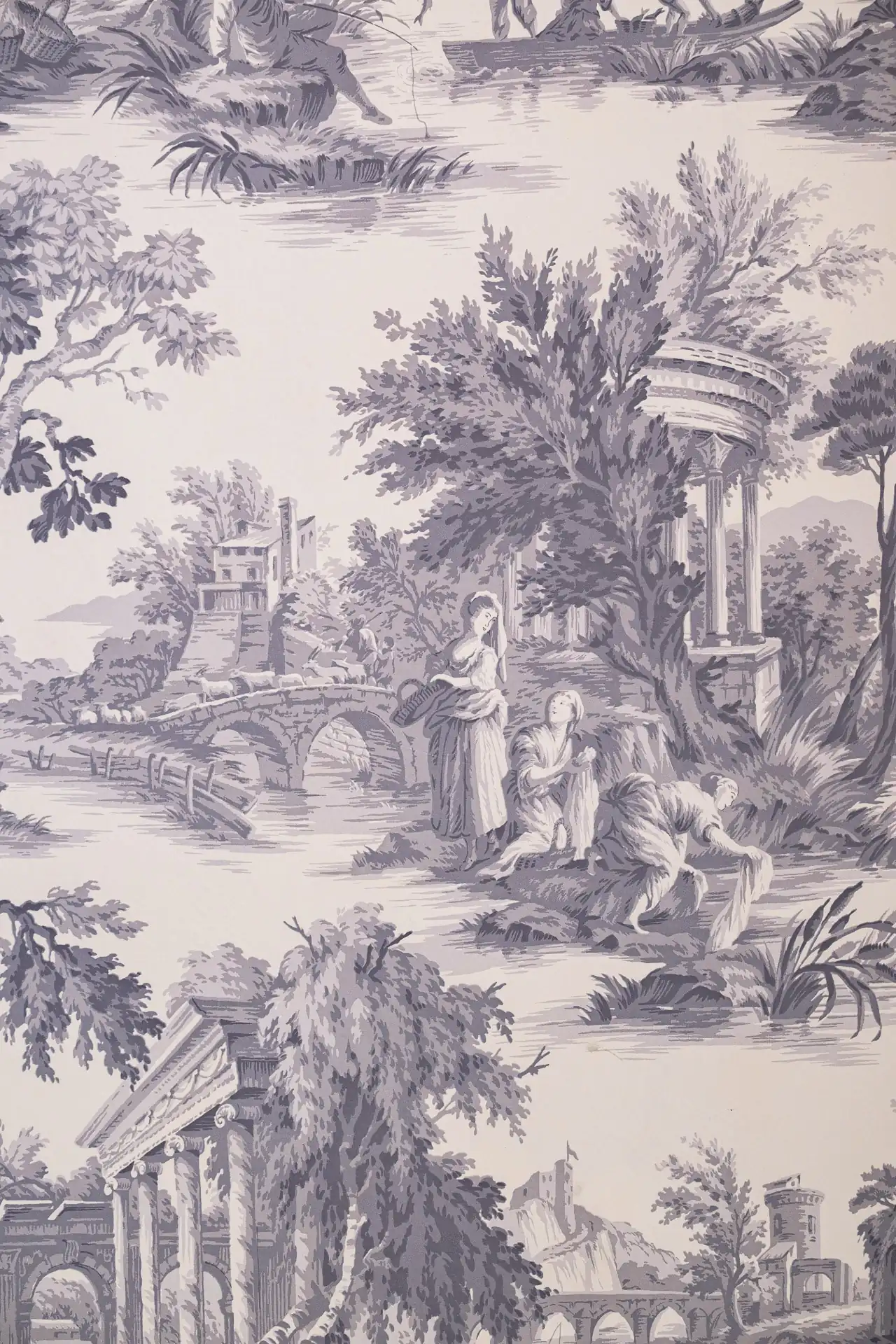 Motif de toile de Jouy en camaïeu gris : ruines, arbres et personnages champêtres